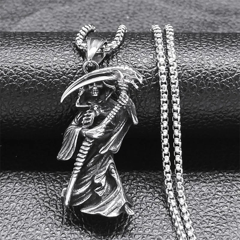 European Antique Death Necklace Men's Punk Rock Stainless Steel Pendant Long