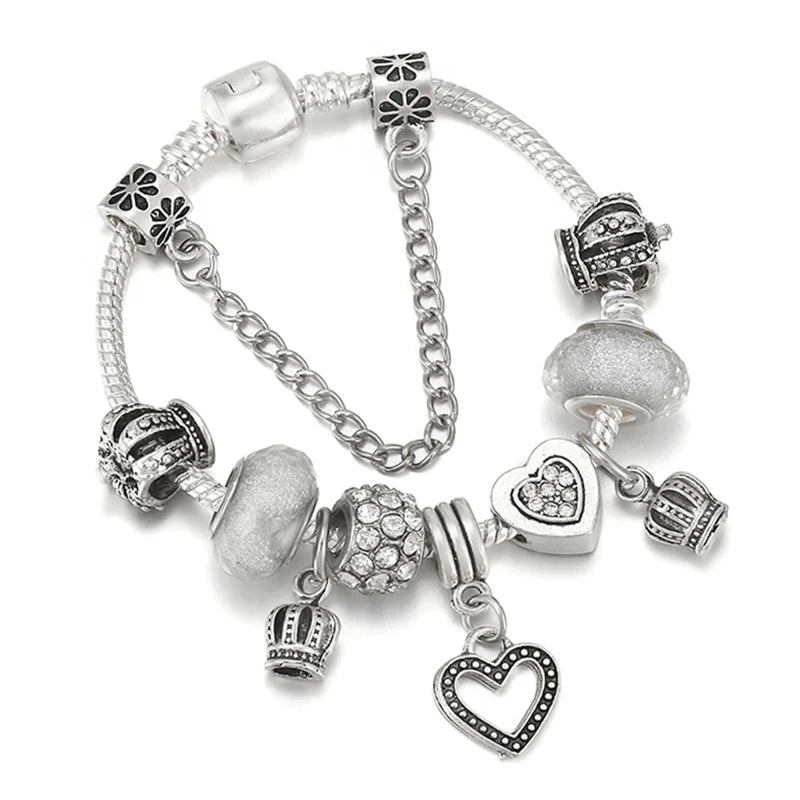 European Style Snake Chain Charm Bracelet Heart Crown Beads Pendants DIY
