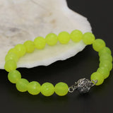 Lemon Chalcedony Jade Stone Bracelet Silver Flower Clasp 7.5Inch