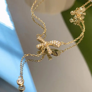 European Style Bowknot Zircon Pendant Necklace 925 Sterling Silver