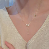 European Style Bowknot Zircon Pendant Necklace 925 Sterling Silver