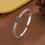 Retro Red Crystal Bangle Silver Plated Flower Bracelet