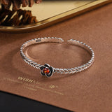 Retro Red Crystal Bangle Silver Plated Flower Bracelet