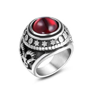 European Style Satan Skeleton Sheep Head Ring With Red Agate Stone
