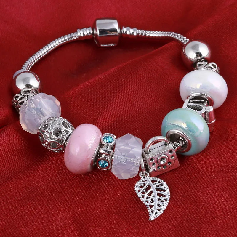Vintage Silver Crystal Charm Bracelet Women DIY Jewelry