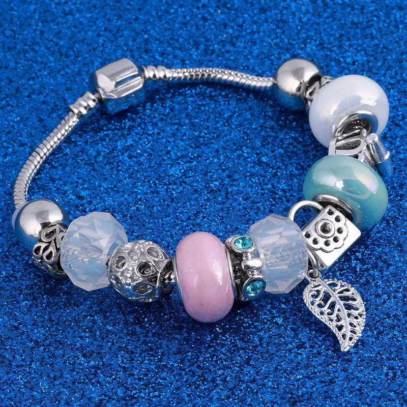 Vintage Silver Crystal Charm Bracelet Women DIY Jewelry