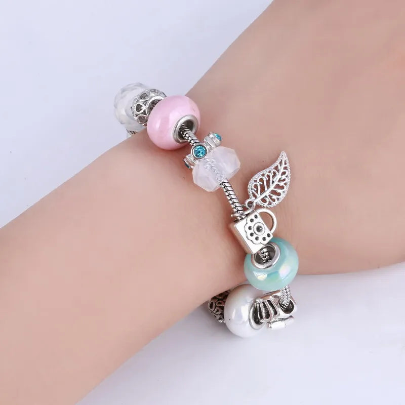 Vintage Silver Crystal Charm Bracelet Women DIY Jewelry