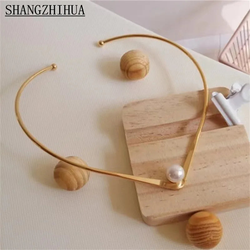 European Wind Metal Pearl Collar Necklace for Women