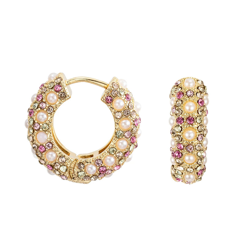 Multicolor CZ Pearl Huggie Hoops Earrings