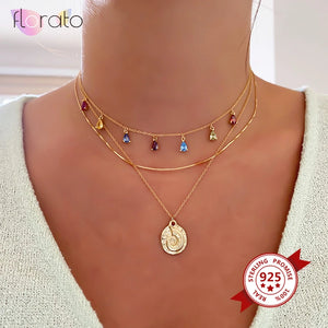 925 Silver Chain Rainbow Zircon Choker Necklace Water Drop Silver Necklace