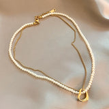 Double Layer Pearl Chain Heart Pendant Choker Necklace
