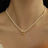 Double Layer Pearl Chain Heart Pendant Choker Necklace