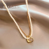Double Layer Pearl Chain Heart Pendant Choker Necklace