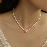 Double Layer Pearl Chain Heart Pendant Choker Necklace