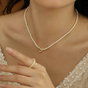 Double Layer Pearl Chain Heart Pendant Choker Necklace