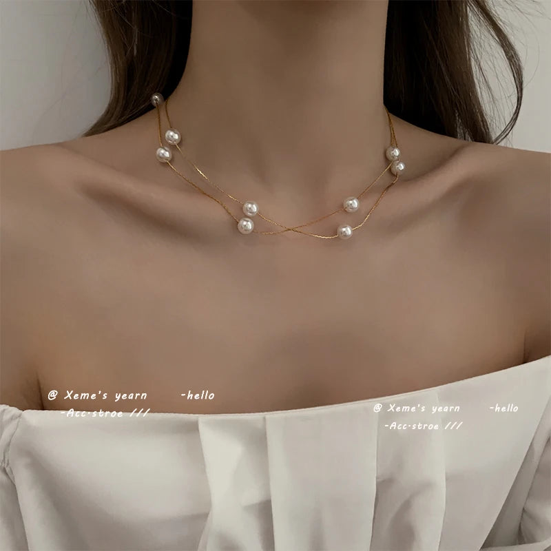 Double-Layer Pearl Choker Necklace for Women