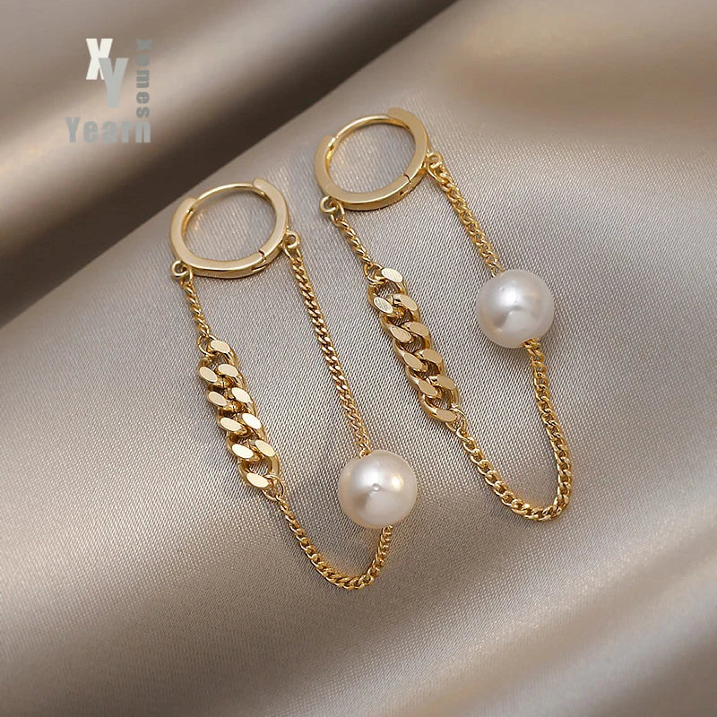 Metal Chain Pearl Tassel Earrings For Woman