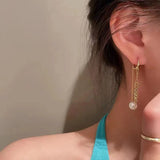 Metal Chain Pearl Tassel Earrings For Woman