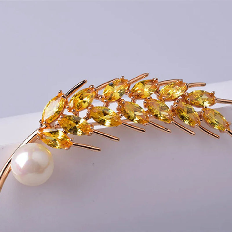 High-end Zircon Wheat Ear Brooch Golden Pearl Brooch