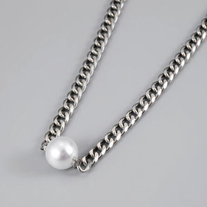 Hip Hop Men Stainless Steel Pearl Cuban Chain Necklace