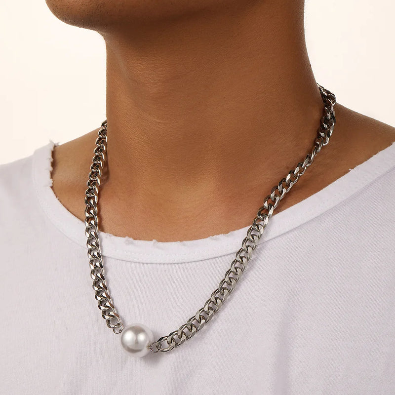 Hip Hop Men Stainless Steel Pearl Cuban Chain Necklace