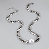 Hip Hop Men Stainless Steel Pearl Cuban Chain Necklace