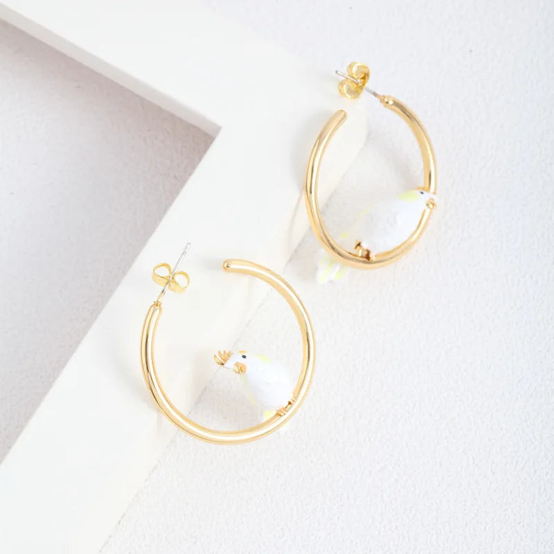 Hand-painted Enamel Parrot Bird Circle Earrings