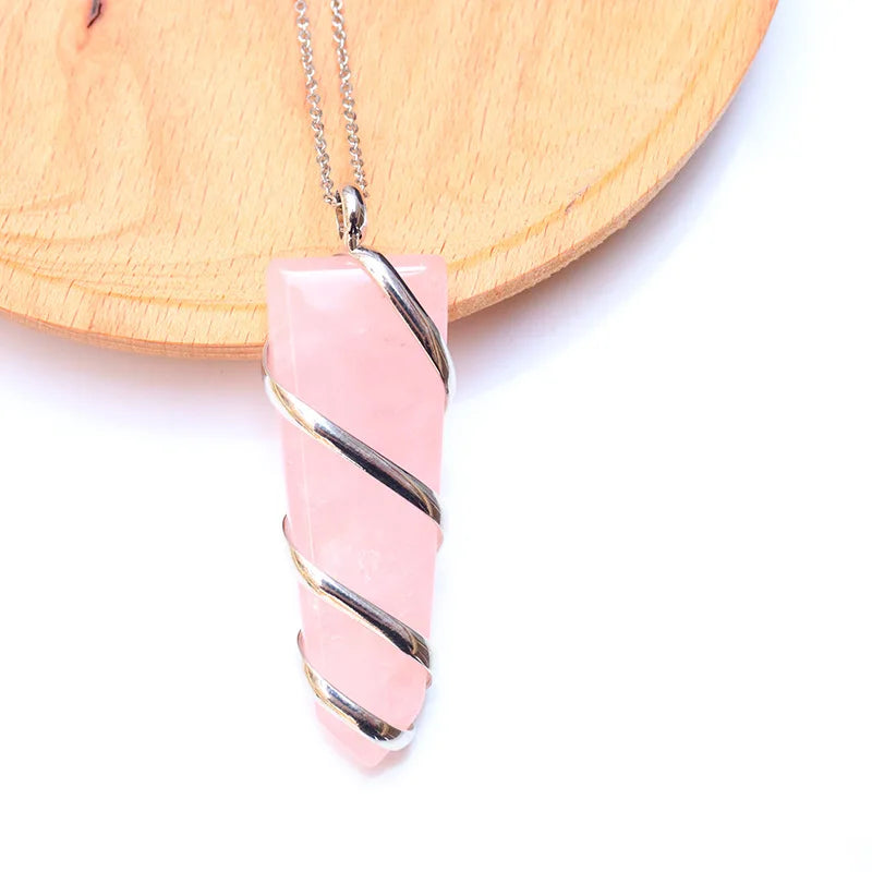 European & American Silver Plated Pink Crystal Rough Stone Life Necklace
