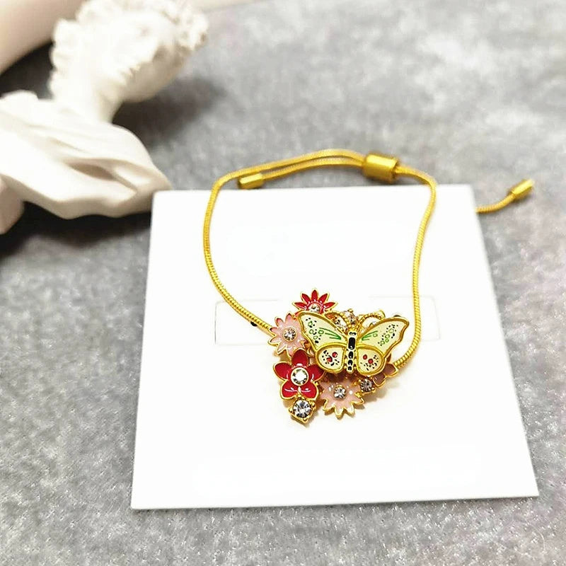 Daisy Flower Butterfly Enamel Bracelet Adjustable