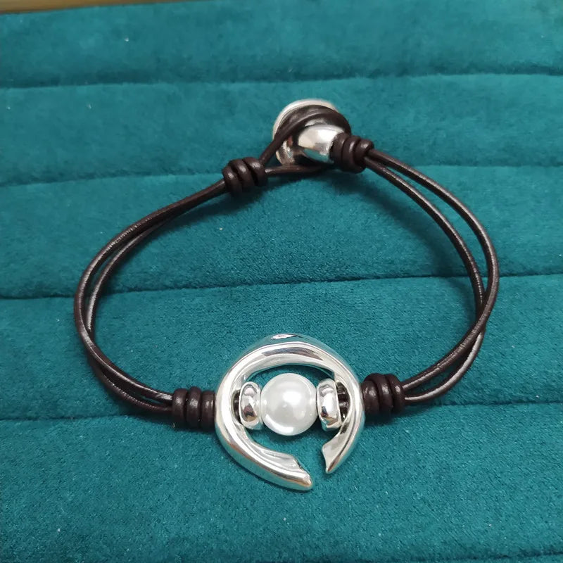 925 Silver Rope Chain Circle with Pearl Bracelet Jewelry