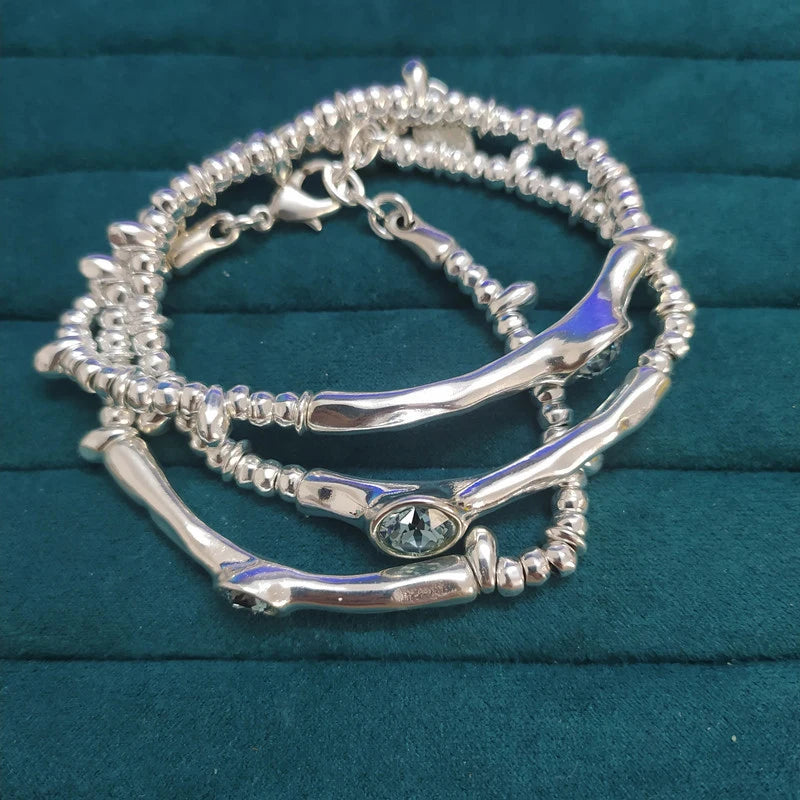 925 Silver Green Crystals Bracelet Three Layer Chain