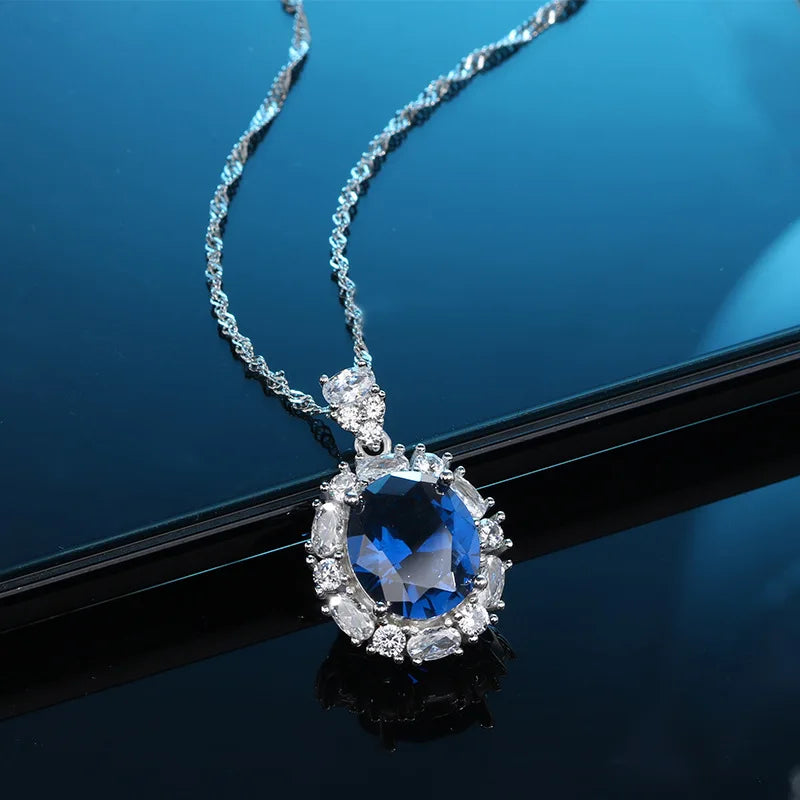 Vintage Sapphire Pendant Necklace with Diamonds in S925 Sterling Silver