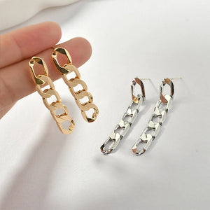 Long Flat Chain Silver Needle Ear Stud Earrings DIY 2pcs
