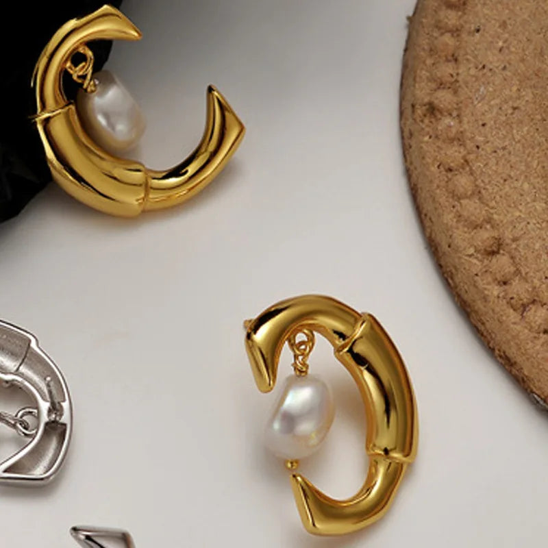 S925 Silver Baroque Pearl Earrings Women Ins Long C-shaped Earrings