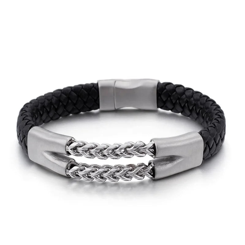 European Vintage Men's Leather Bracelet Titanium Steel