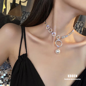 Exaggerated Crystal Chain Necklace with Pearl Pendant