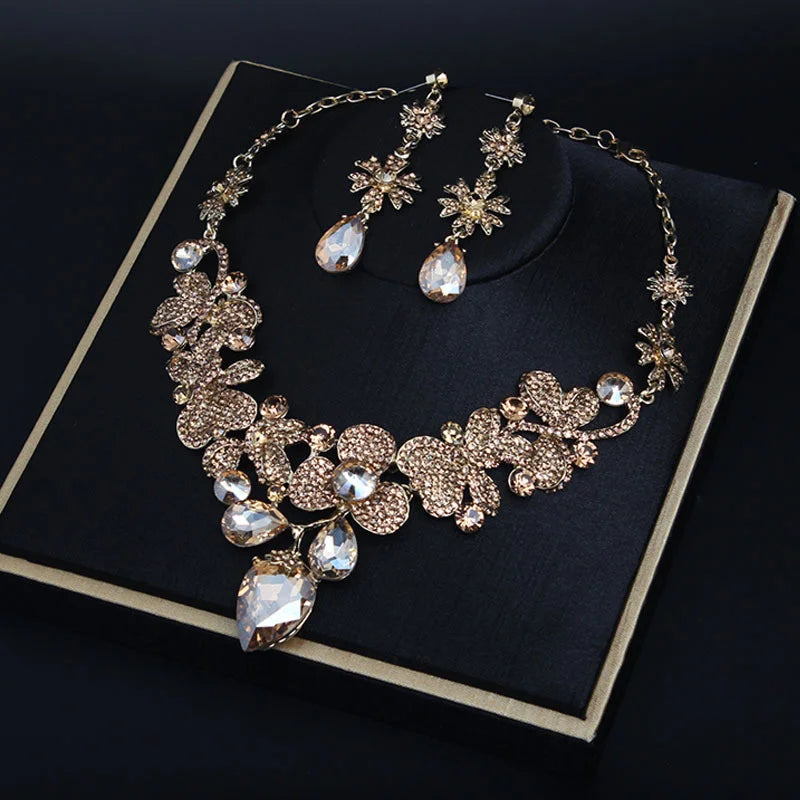 Exaggerated Gemstone Necklace Earrings Set for Evening Dress