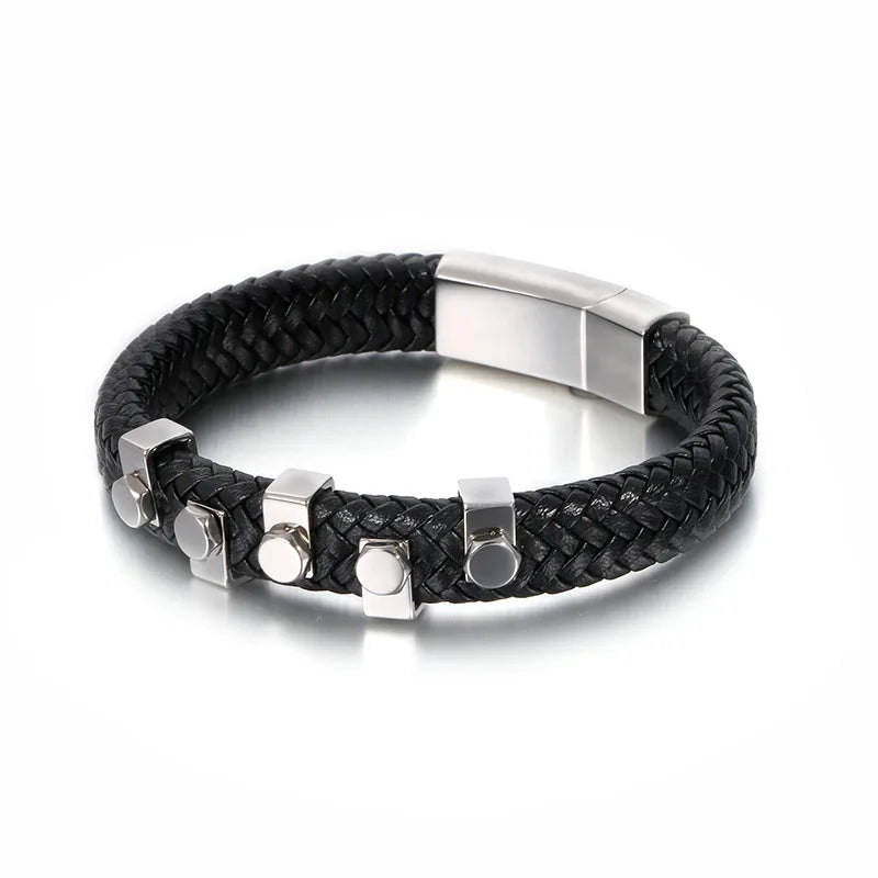 Woven Leather Men's Stainless Steel Bracelet