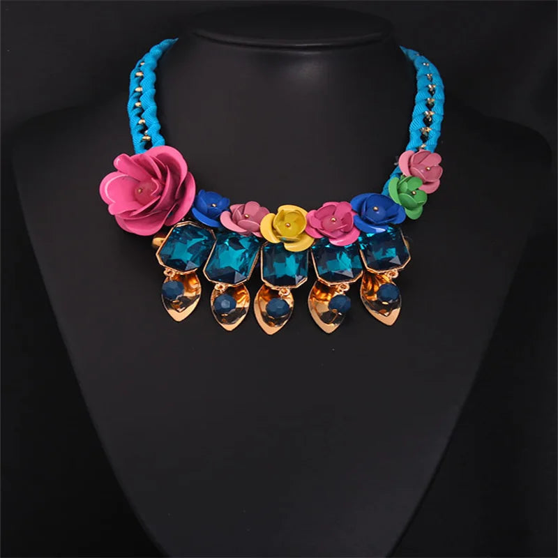 Colorful Gemstone Flower Woven Short Necklace for Women