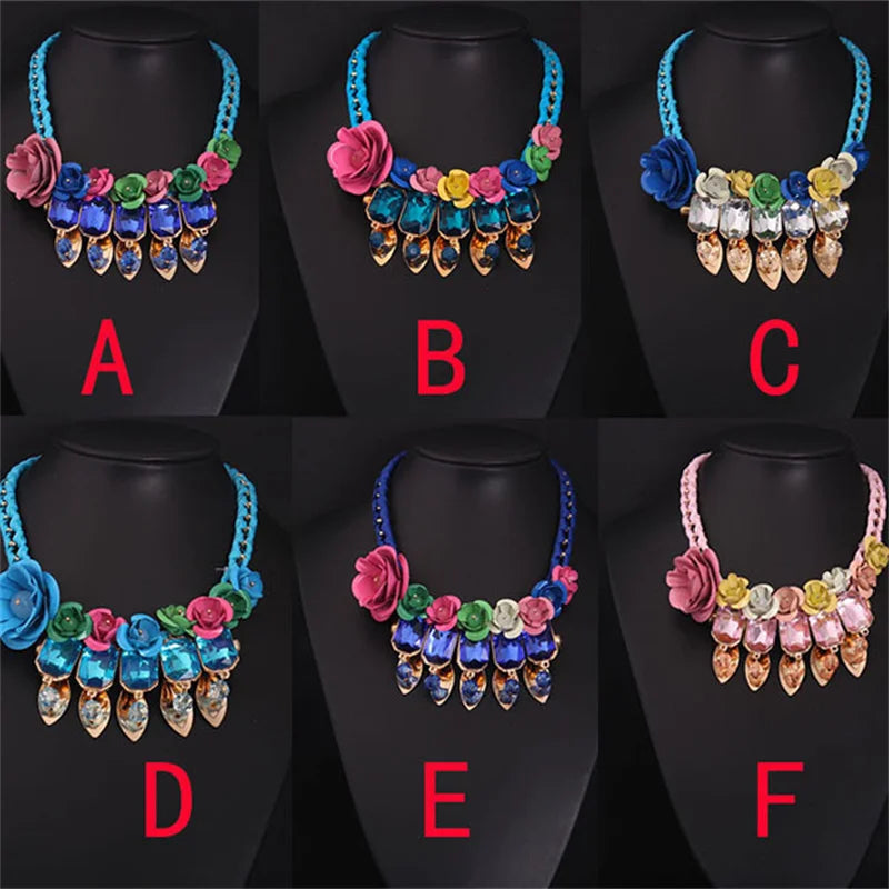 Colorful Gemstone Flower Woven Short Necklace for Women