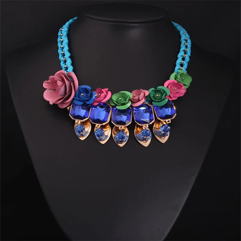 Colorful Gemstone Flower Woven Short Necklace for Women