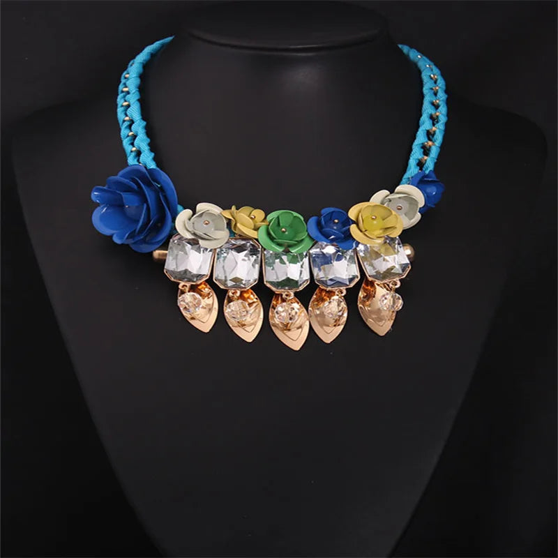 Colorful Gemstone Flower Woven Short Necklace for Women