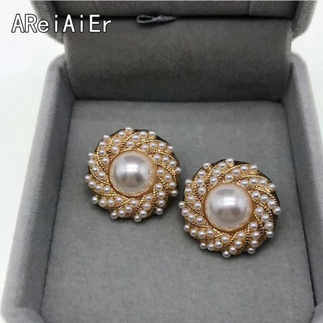 Vintage Geometric Clip Earrings with Pearls