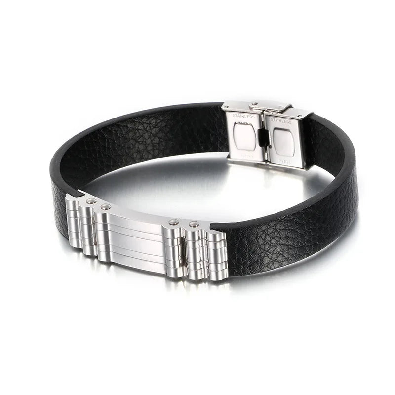Men's Leather Bracelet Stainless Steel Motorcycle Design