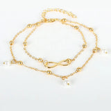 Retro Pearl Ankle Bracelet Hand-Beaded Double Strand Jewelry