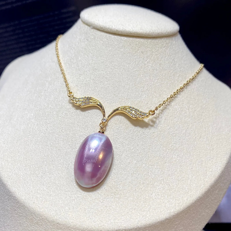 Vintage Horse Shell Pearl Pendant Necklace 14K Wrapped Pink Wing Horse Shell