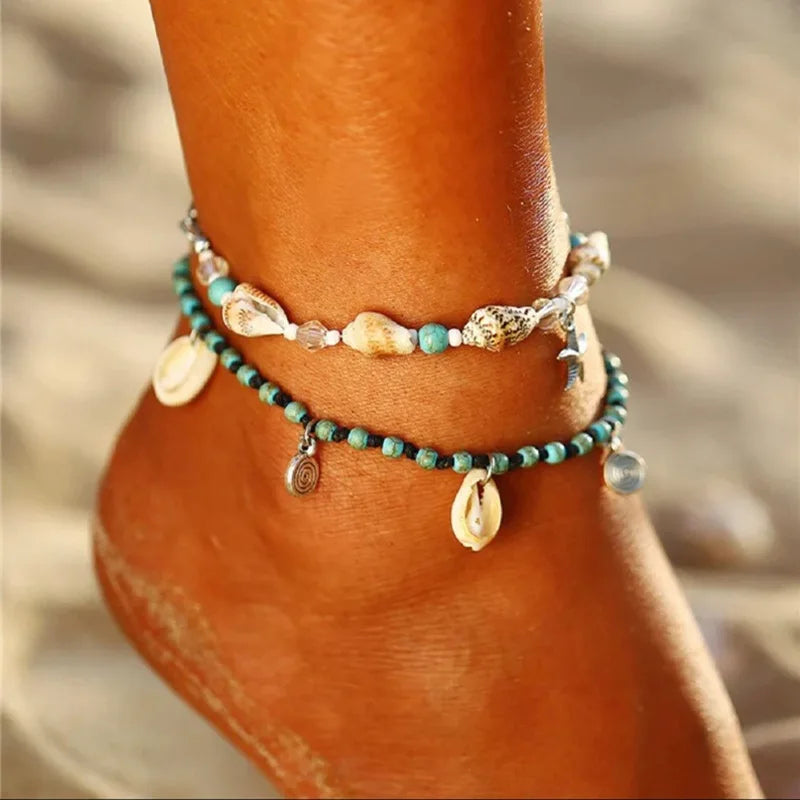 Bohemian Shell Pendant Multi-Layer Anklet