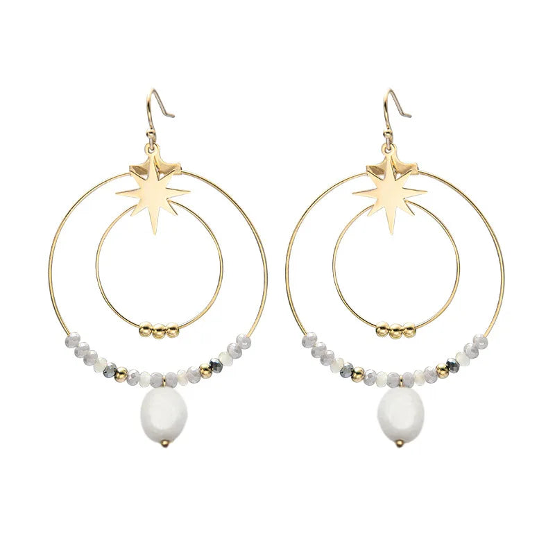 Retro Ethnic Beaded Stone Star Earrings 14K Stainless Steel