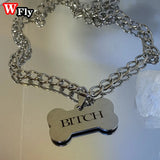 Spice Letter Dog Bone Pendant Necklace Stainless Steel Clavicle Chain Y2K