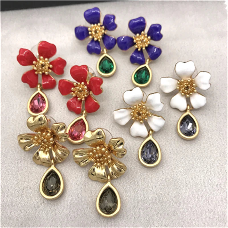 Enamel Glaze Flower Crystal Stud Earrings
